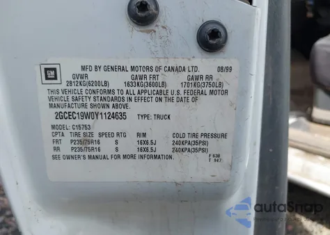 2000 Chevrolet Silverado 1500 из США, поврежденный, VIN 2GCEC19W0Y1124635